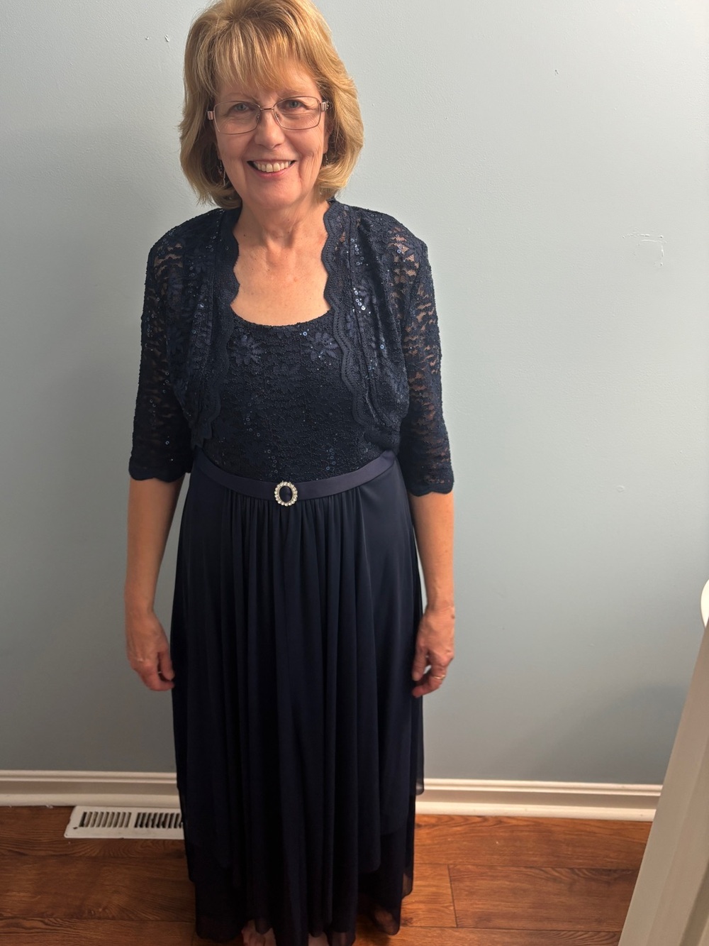 Navy Lace & Chiffon Evening Dress with Bolero